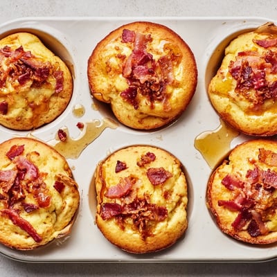 Maple Bacon Pancake Muffins stacked on a white plate, drizzled with maple syrup and served with a hot cup of coffee.