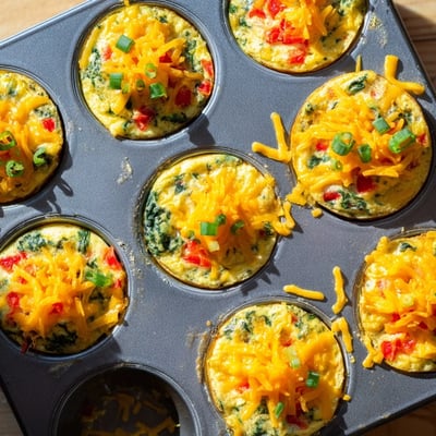 A close-up of baked Muffin Tin Cottage Cheese Egg Bites showing creamy cottage cheese texture and melted cheddar on top.