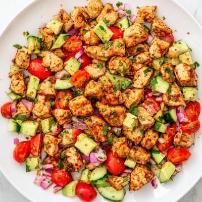 Freshly made Avocado Chicken Salad in a bright bowl, ready to serve over mixed greens for a vibrant low-carb lunch or dinner.