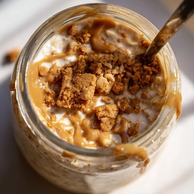 Biscoff Overnight Oats swirled with caramel spread and crunchy cookie crumbles