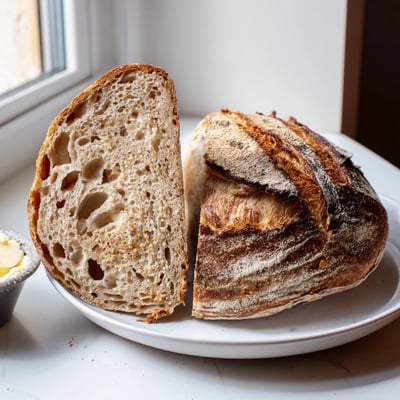 Rustic sourdough bread sliced open to reveal a soft airy chewy crumb