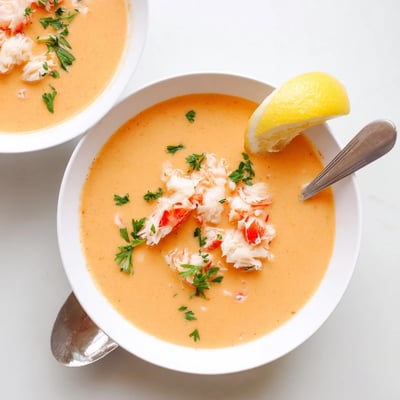 Velvety crab and shrimp bisque ladled into a white bowl with lemon.