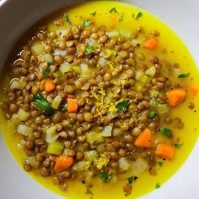 Golden lemon lentil soup in a rustic bowl with a bright citrus finish