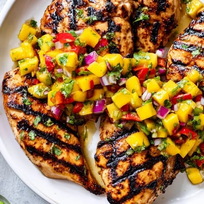 Honey lime chicken sliced open revealing tender meat beside bright tropical mango salsa