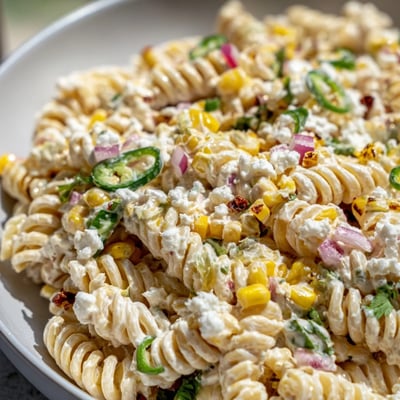 Smoky charred corn and tender rotini coated in tangy lime dressing in a serving bowl