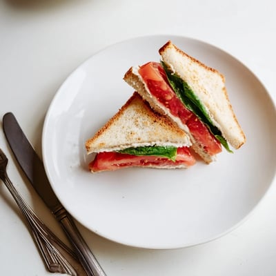 Delicious Tomato Sandwich featuring ripe juicy tomatoes seasoned with salt and pepper on creamy mayonnaise.